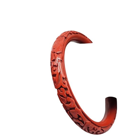 Carved Dragon & Floral Cinnabar Bangle Bracelet Scarlet Red Highly Detailed SZ8 - Picture 5 of 9